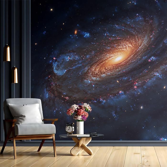 Spiral Galaxy Cosmic Mural Wallpaper | Warm Core Glow, Blue Star-Forming Regions, Deep Space