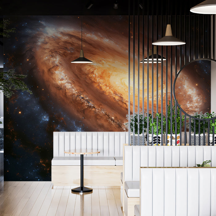 Close-Up Galactic Core Mural Wallpaper | Intense Orange Swirl, Dark Space Dust, High Resolution