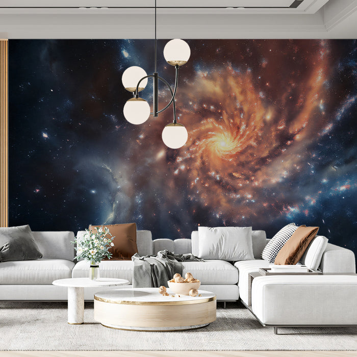 Fire and Ice Spiral Galaxy Mural Wallpaper | High Contrast Nebula, Red and Blue Tones, Cosmic Drama