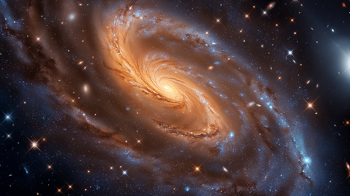 Golden Spiral Galaxy Mural Wallpaper | Sweeping Arms, Intense Starlight, Cosmic Brown and Gold Tones