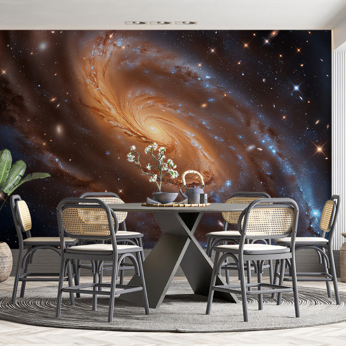 Golden Spiral Galaxy Mural Wallpaper | Sweeping Arms, Intense Starlight, Cosmic Brown and Gold Tones