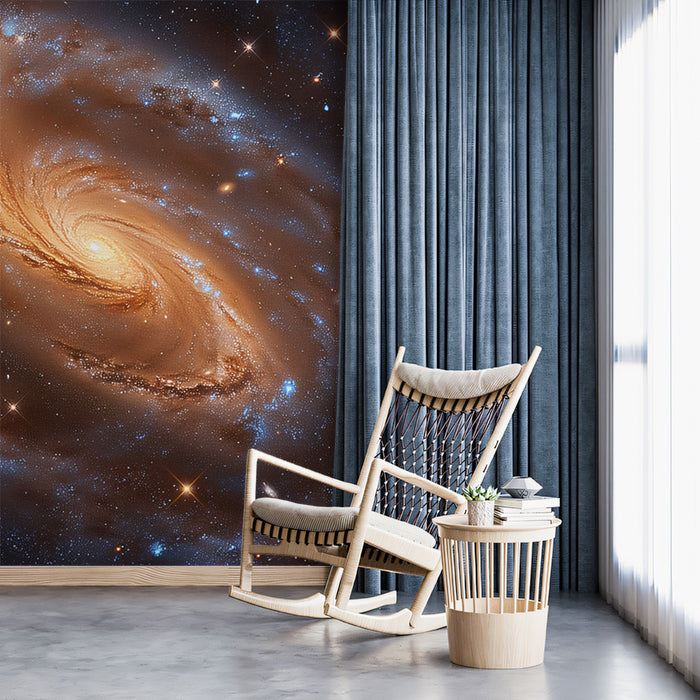 Golden Spiral Galaxy Mural Wallpaper | Sweeping Arms, Intense Starlight, Cosmic Brown and Gold Tones