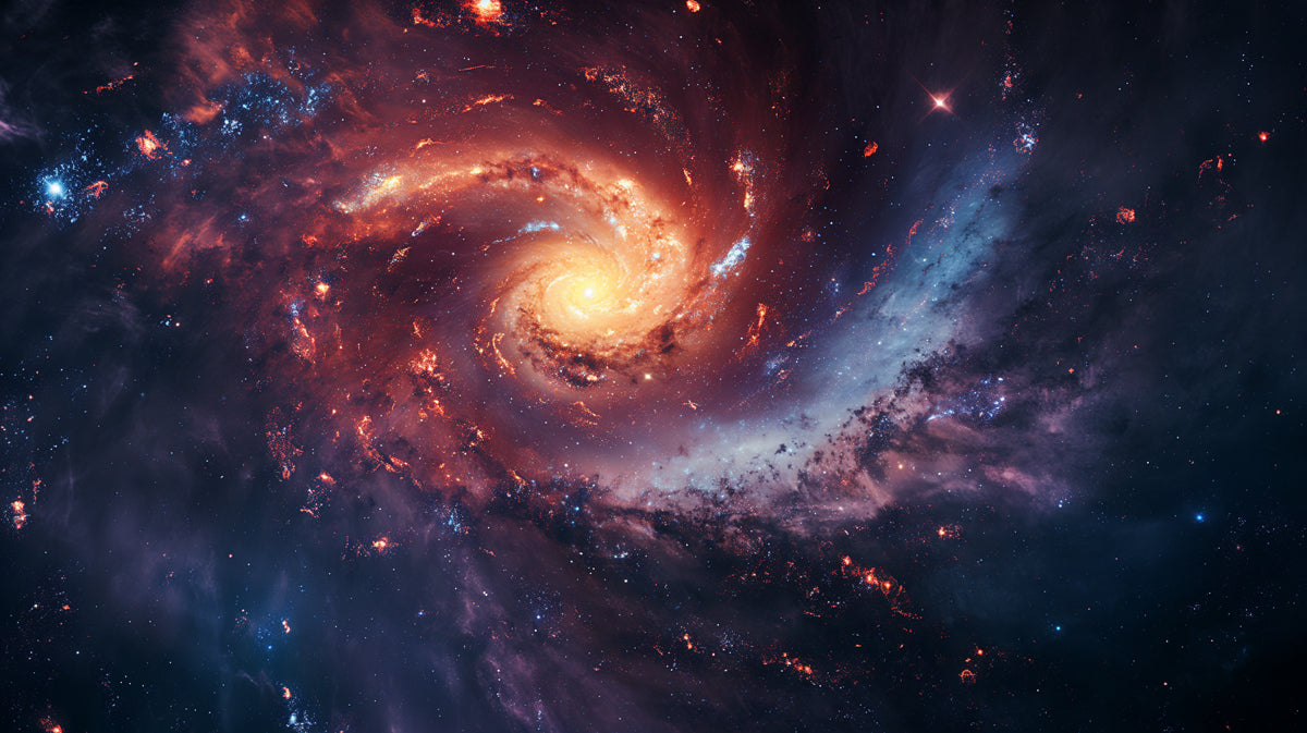 Nebula Burst Spiral Galaxy Mural Wallpaper | Red and Purple Hues, Energetic Star Formation, Vibrant Space Art
