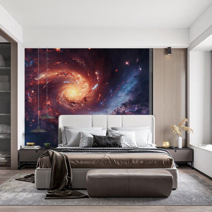 Nebula Burst Spiral Galaxy Mural Wallpaper | Red and Purple Hues, Energetic Star Formation, Vibrant Space Art