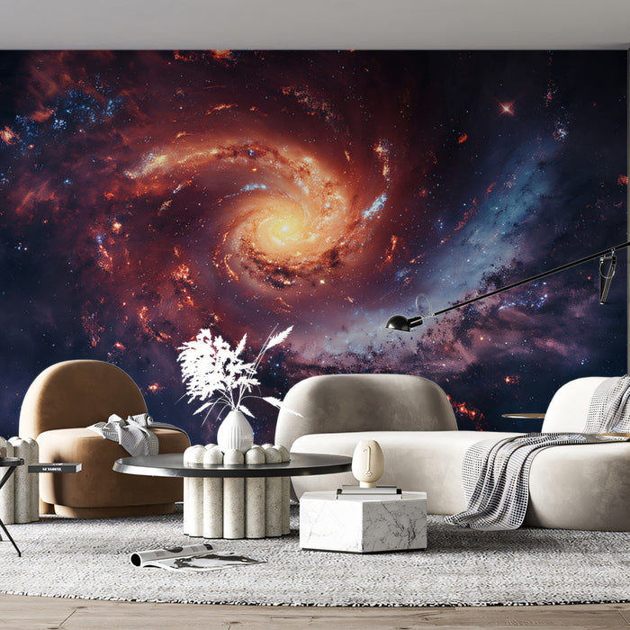 Nebula Burst Spiral Galaxy Mural Wallpaper | Red and Purple Hues, Energetic Star Formation, Vibrant Space Art