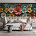 Vibrant Floral Mural Wallpaper in Bedroom | Various Colors (Orange, Yellow, Green, etc.) of flowers