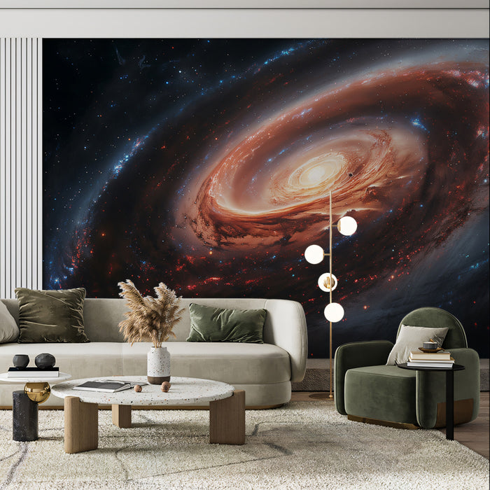 Dark Cosmic Dust Ring Galaxy Mural Wallpaper | Intense Orange Core, Ring Structure, Deep Space Drama
