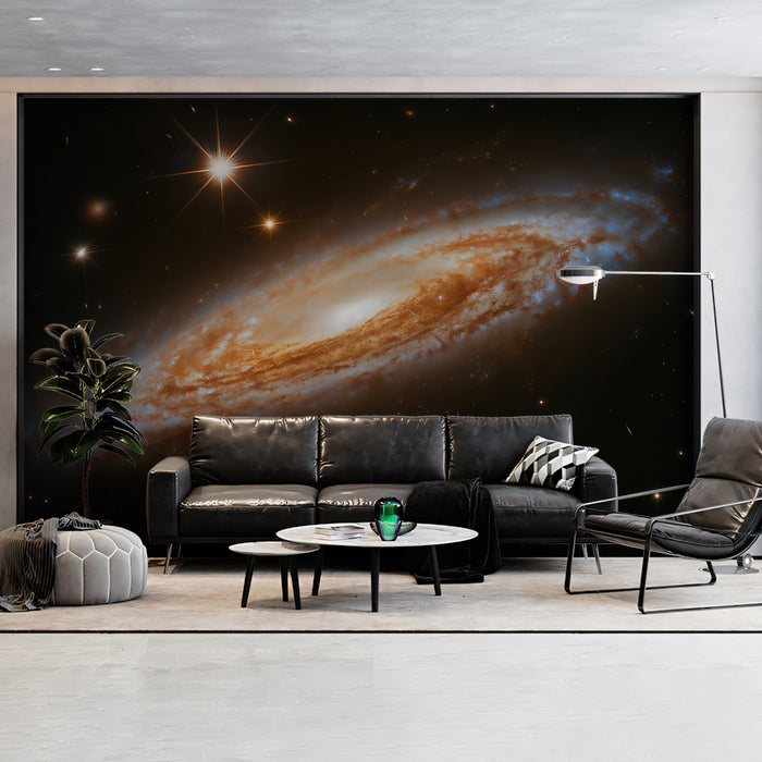Edge-On Spiral Galaxy Mural Wallpaper | Hubble-Style Starburst, Warm Core, Intense Starlight