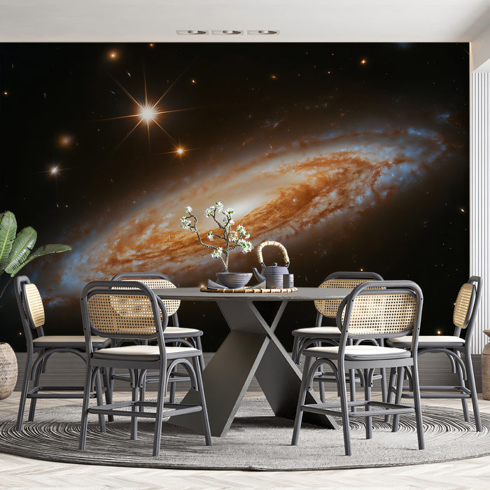 Edge-On Spiral Galaxy Mural Wallpaper | Hubble-Style Starburst, Warm Core, Intense Starlight