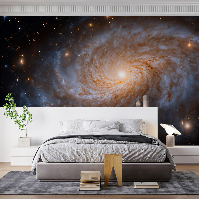Grand Spiral Galaxy Mural Wallpaper | Classic Cosmic Swirl, Orange Core and Blue Arms, Dynamic View