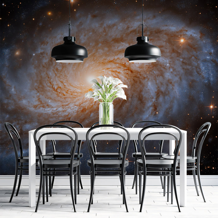 Grand Spiral Galaxy Mural Wallpaper | Classic Cosmic Swirl, Orange Core and Blue Arms, Dynamic View
