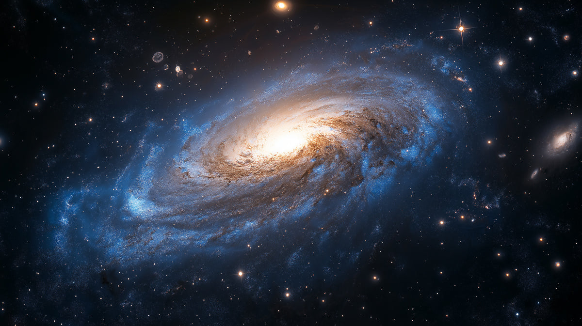 Blue and Gold Spiral Galaxy Mural Wallpaper | Majestic Cosmic Beauty, Angled Perspective, Cool Tones