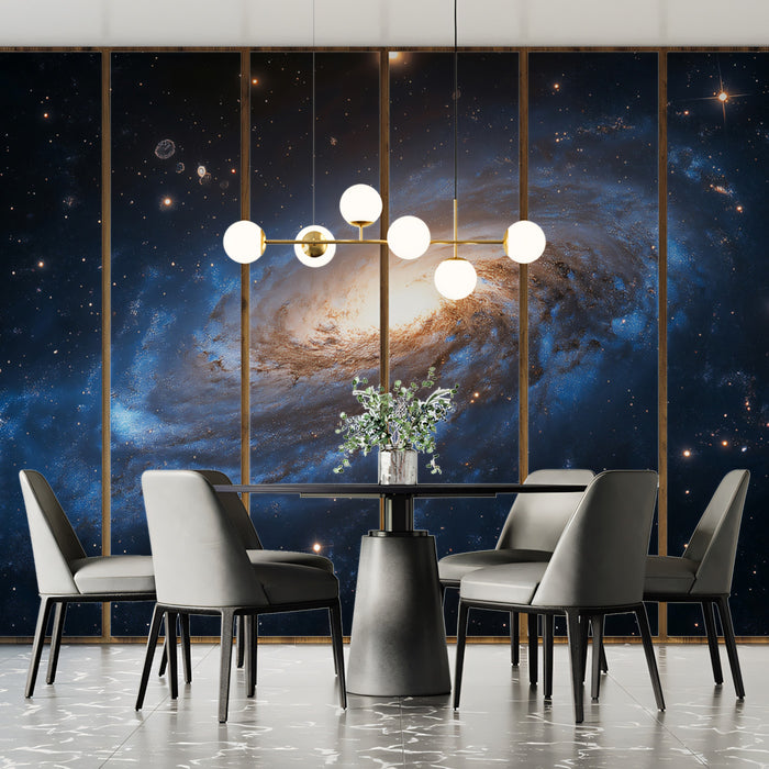Blue and Gold Spiral Galaxy Mural Wallpaper | Majestic Cosmic Beauty, Angled Perspective, Cool Tones
