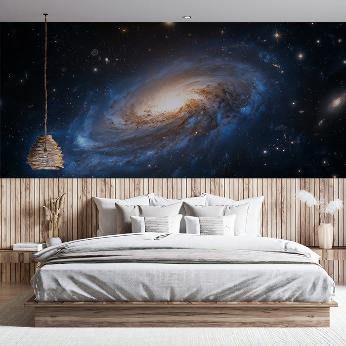 Blue and Gold Spiral Galaxy Mural Wallpaper | Majestic Cosmic Beauty, Angled Perspective, Cool Tones