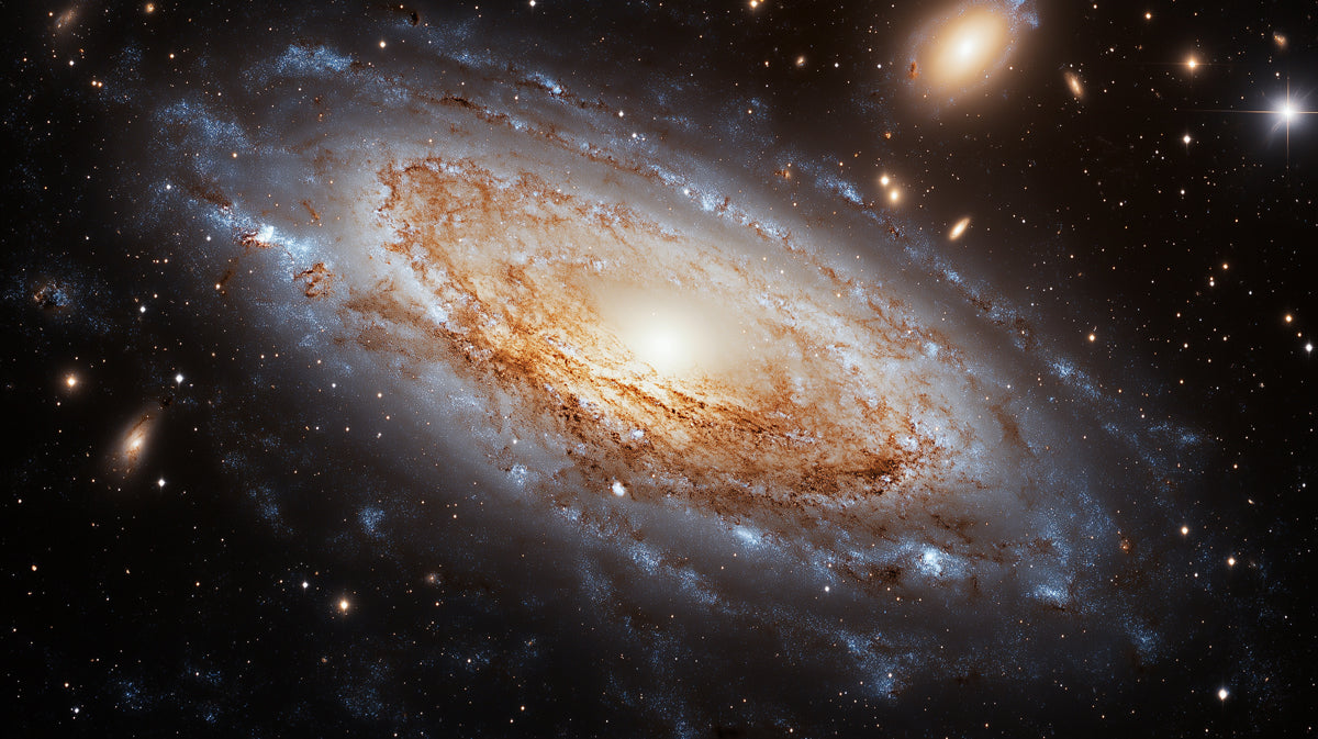 Barred Spiral Galaxy Mural Wallpaper | Face-On View, Gold and Brown Dust Lanes, Wide Galactic Disk