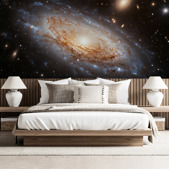 Barred Spiral Galaxy Mural Wallpaper | Face-On View, Gold and Brown Dust Lanes, Wide Galactic Disk