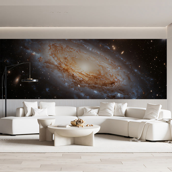 Barred Spiral Galaxy Mural Wallpaper | Face-On View, Gold and Brown Dust Lanes, Wide Galactic Disk