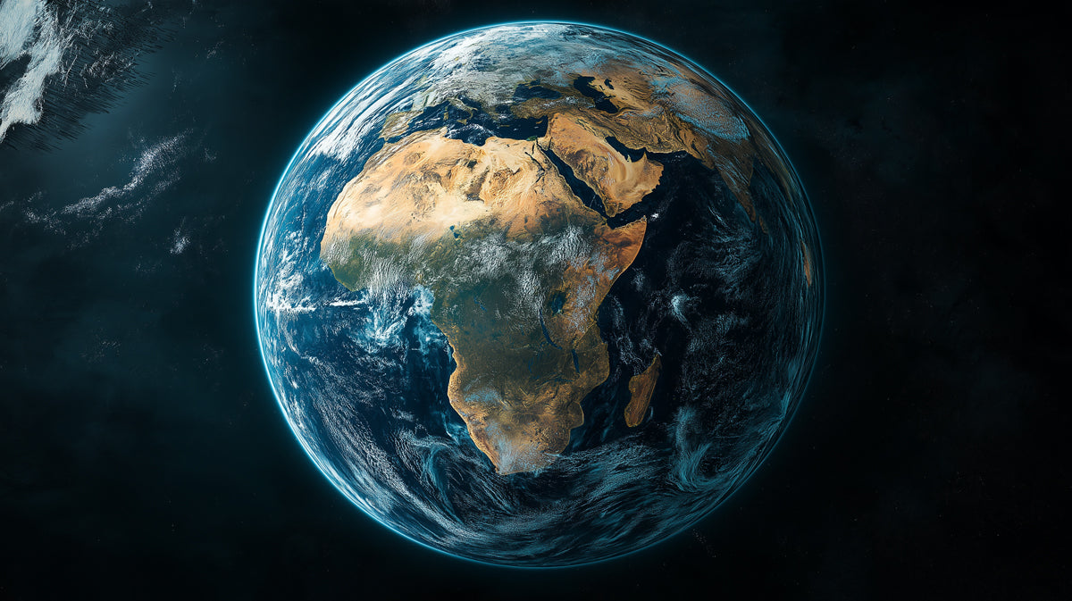 Full Earth View Mural Wallpaper | Centered Africa, Vibrant Blue Atmosphere, Dark Space Contrast