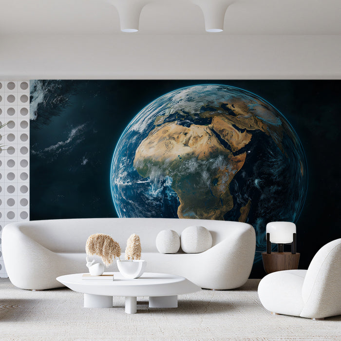 Full Earth View Mural Wallpaper | Centered Africa, Vibrant Blue Atmosphere, Dark Space Contrast