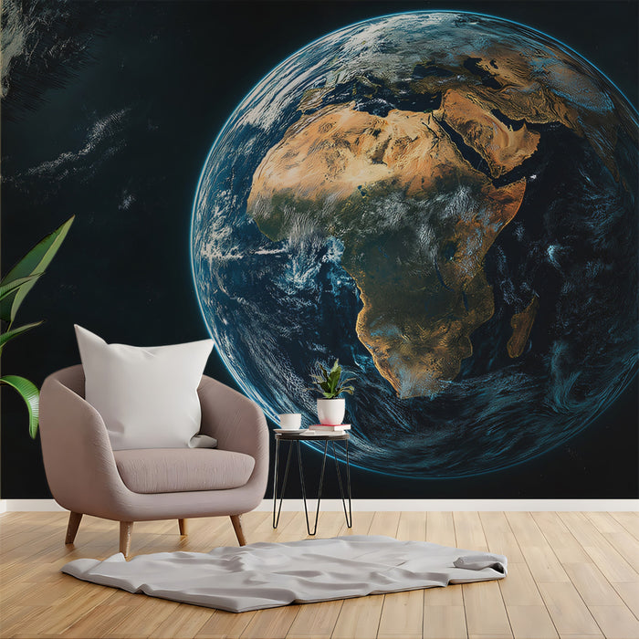 Full Earth View Mural Wallpaper | Centered Africa, Vibrant Blue Atmosphere, Dark Space Contrast