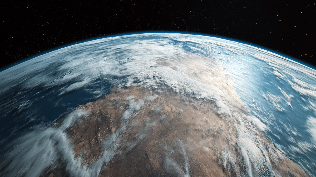 Low Orbit Earth View Mural Wallpaper | Dry Continent Focus, Cinematic Clouds, Hyper-Realistic Detail