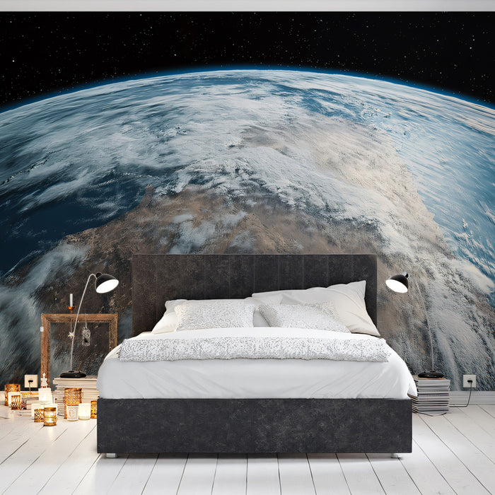 Low Orbit Earth View Mural Wallpaper | Dry Continent Focus, Cinematic Clouds, Hyper-Realistic Detail