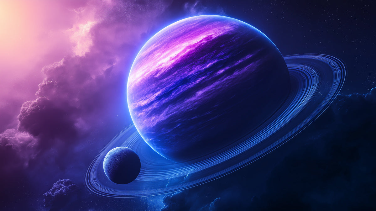 Neon Ringed Gas Giant Mural Wallpaper | Purple and Blue Planet, Dramatic Nebula, Cosmic Fantasy