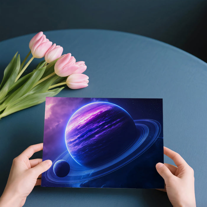 Neon Ringed Gas Giant Mural Wallpaper | Purple and Blue Planet, Dramatic Nebula, Cosmic Fantasy