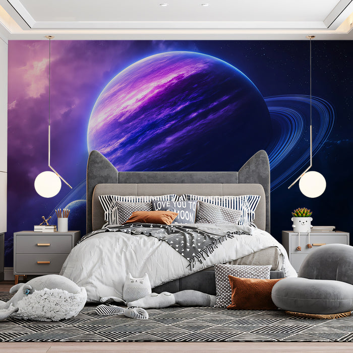 Neon Ringed Gas Giant Mural Wallpaper | Purple and Blue Planet, Dramatic Nebula, Cosmic Fantasy