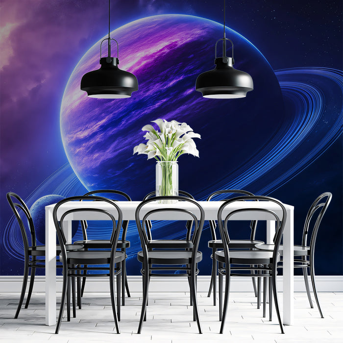 Neon Ringed Gas Giant Mural Wallpaper | Purple and Blue Planet, Dramatic Nebula, Cosmic Fantasy