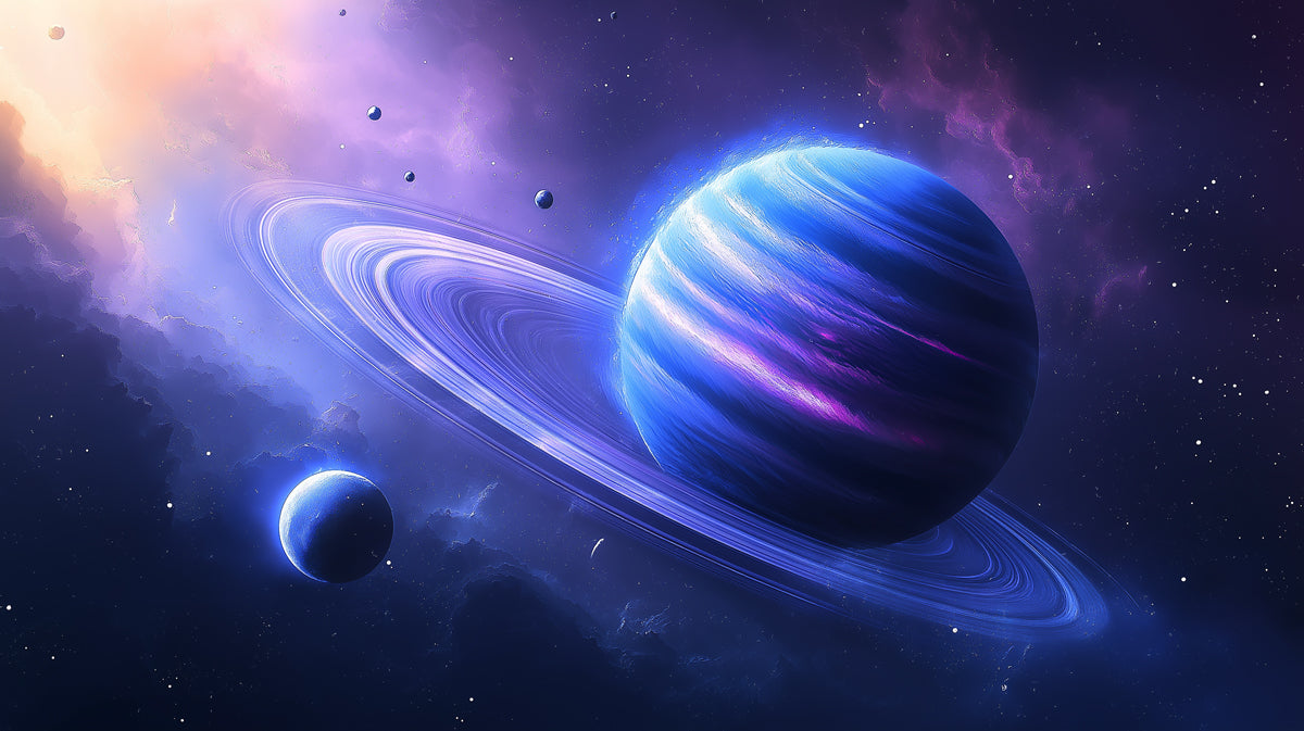 Deep Blue Ringed Planet Mural Wallpaper | Cool-Tone Gas Giant, Azure Rings, Nebula Contrast