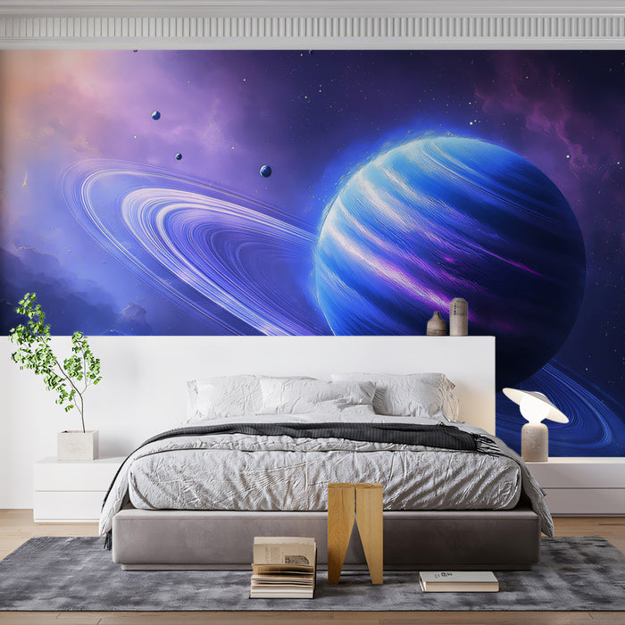 Deep Blue Ringed Planet Mural Wallpaper | Cool-Tone Gas Giant, Azure Rings, Nebula Contrast
