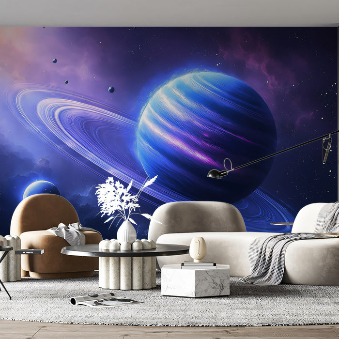 Deep Blue Ringed Planet Mural Wallpaper | Cool-Tone Gas Giant, Azure Rings, Nebula Contrast