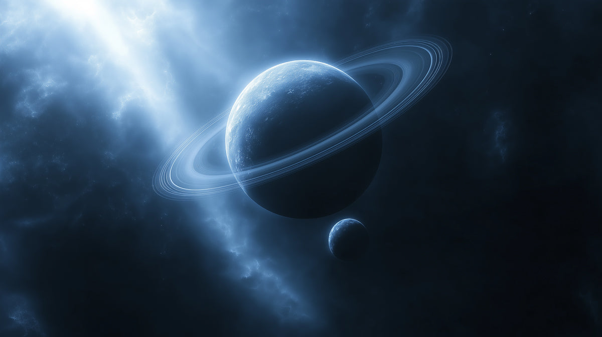 Monochrome Ice Giant Planet Mural Wallpaper | Deep Blue Light Rays, Ringed Shadow, Eerie Space Scene