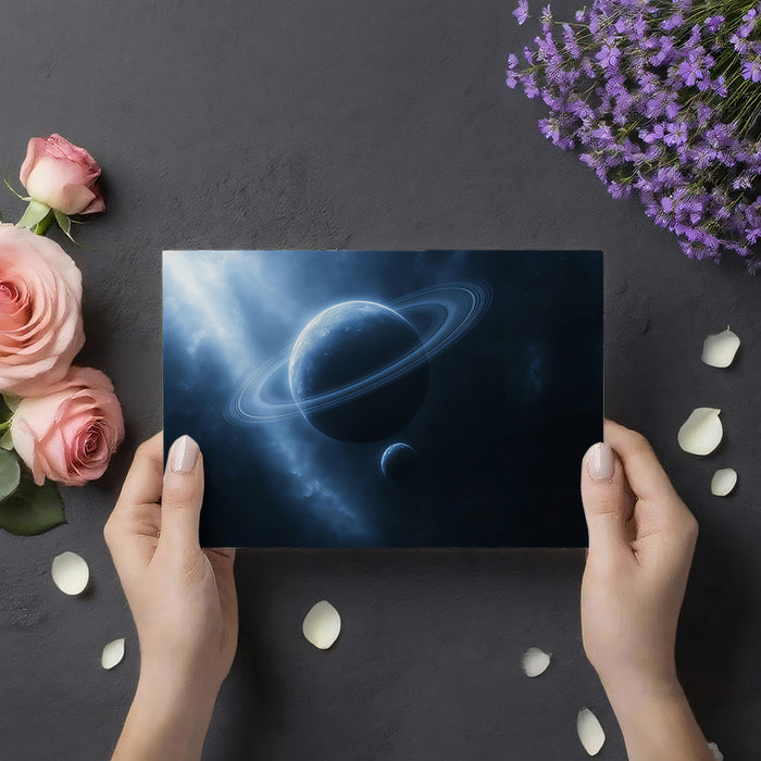 Monochrome Ice Giant Planet Mural Wallpaper | Deep Blue Light Rays, Ringed Shadow, Eerie Space Scene