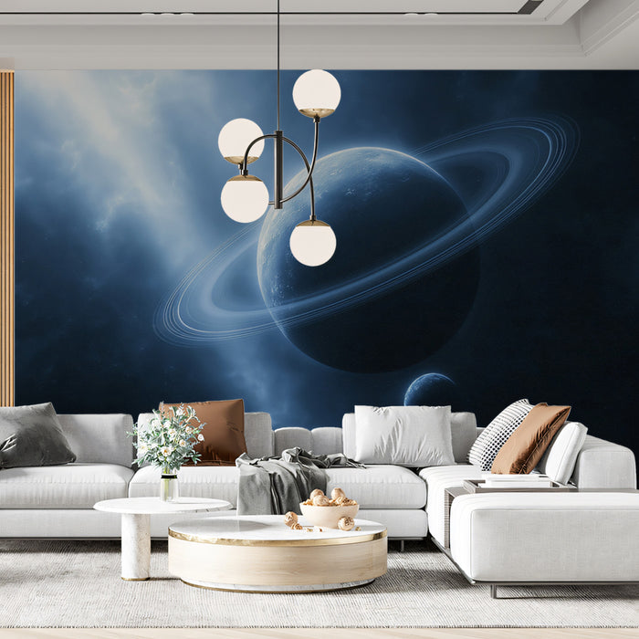 Monochrome Ice Giant Planet Mural Wallpaper | Deep Blue Light Rays, Ringed Shadow, Eerie Space Scene