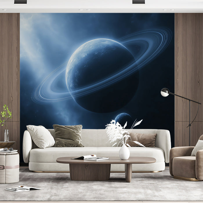 Monochrome Ice Giant Planet Mural Wallpaper | Deep Blue Light Rays, Ringed Shadow, Eerie Space Scene