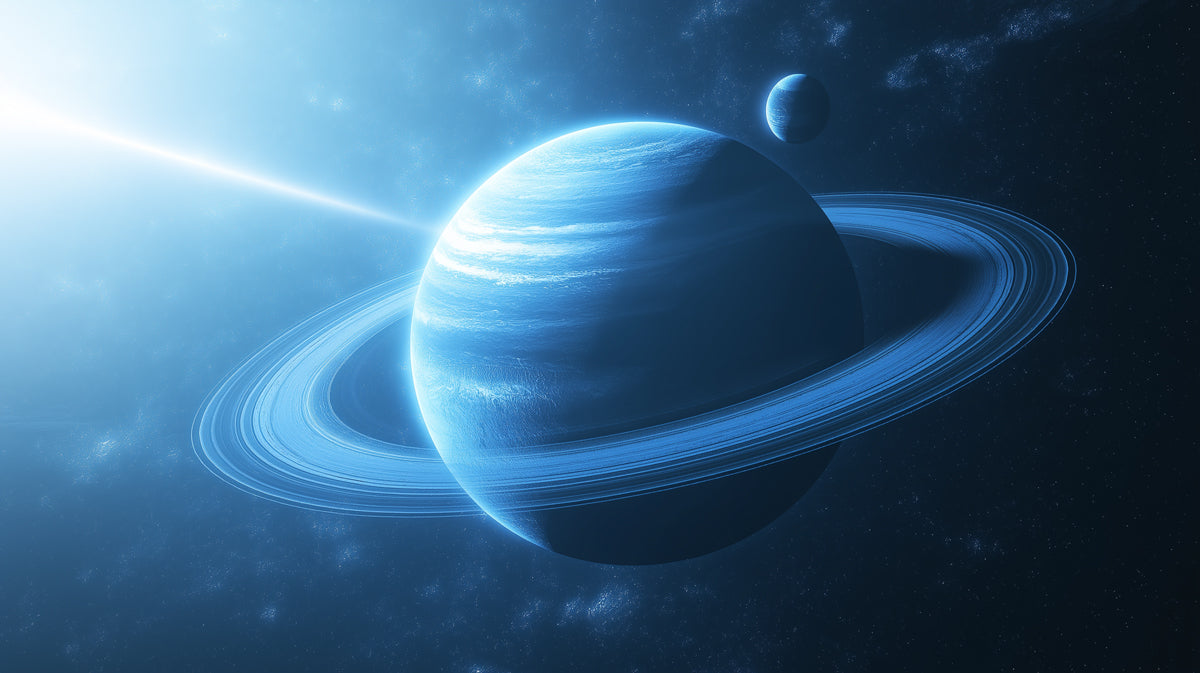 Blue Gas Giant Ray of Light Mural Wallpaper | Azure Planet, Prominent Rings, Sci-Fi Scene