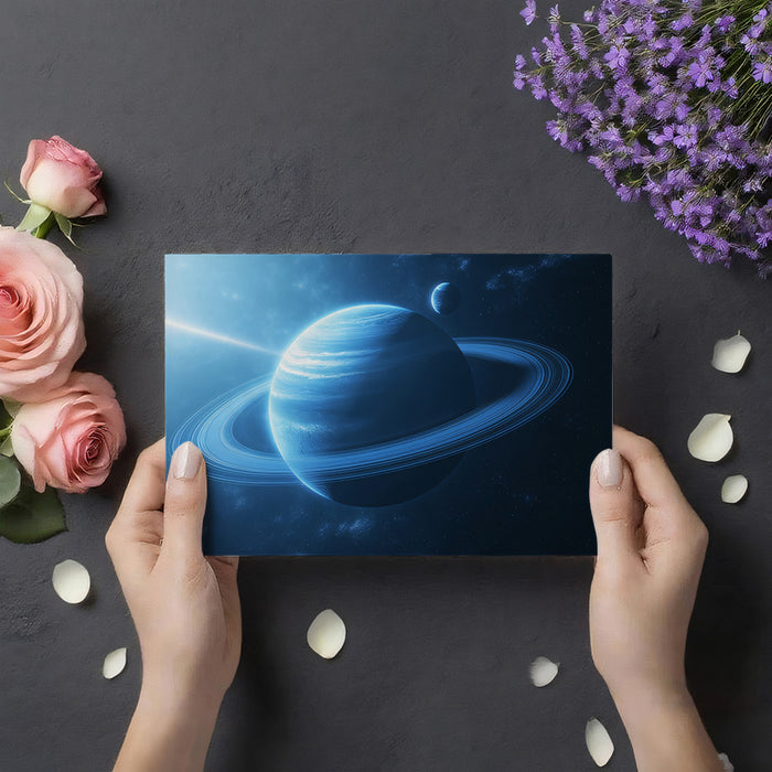 Blue Gas Giant Ray of Light Mural Wallpaper | Azure Planet, Prominent Rings, Sci-Fi Scene