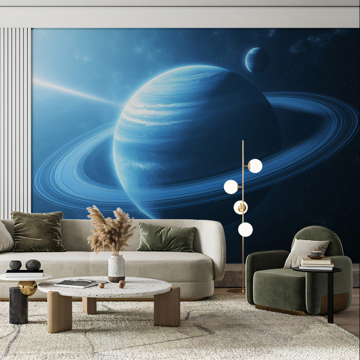 Blue Gas Giant Ray of Light Mural Wallpaper | Azure Planet, Prominent Rings, Sci-Fi Scene