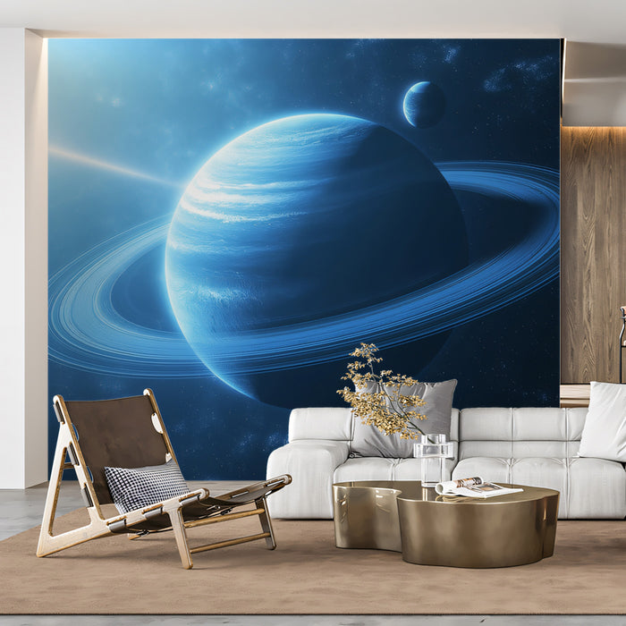 Blue Gas Giant Ray of Light Mural Wallpaper | Azure Planet, Prominent Rings, Sci-Fi Scene
