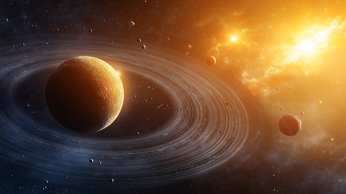 Golden Ringed Planet with Nebulae Mural Wallpaper | Fiery Space Horizon, Cosmic Glow, Warm Tones