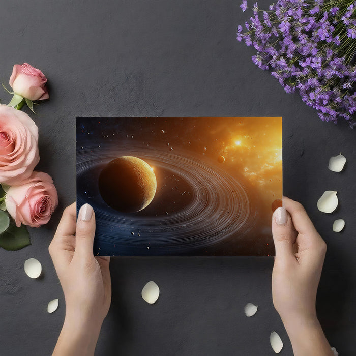 Golden Ringed Planet with Nebulae Mural Wallpaper | Fiery Space Horizon, Cosmic Glow, Warm Tones