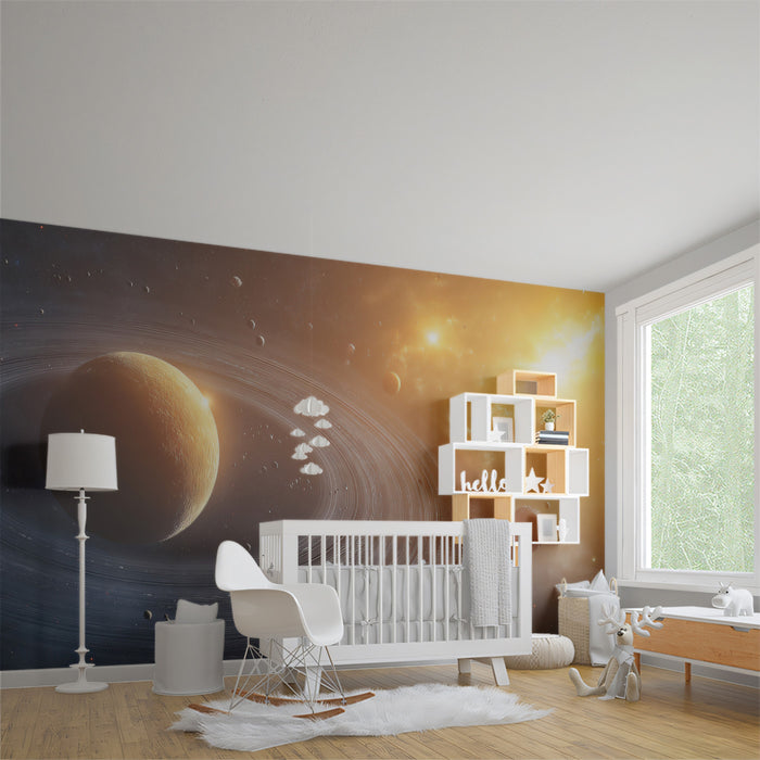 Golden Ringed Planet with Nebulae Mural Wallpaper | Fiery Space Horizon, Cosmic Glow, Warm Tones