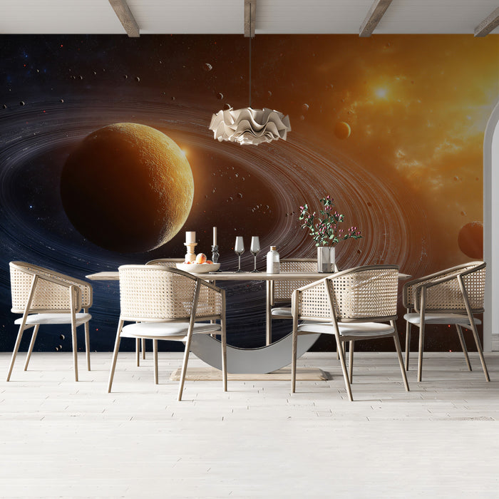 Golden Ringed Planet with Nebulae Mural Wallpaper | Fiery Space Horizon, Cosmic Glow, Warm Tones