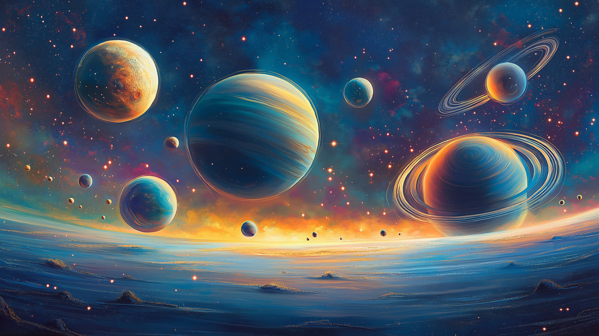 Planetary Alignment Cosmic Mural Wallpaper | Vibrant Space Panorama, Cool and Warm Hues, Artistic Sci-Fi
