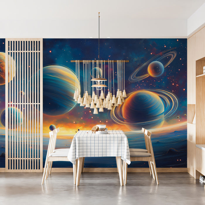 Planetary Alignment Cosmic Mural Wallpaper | Vibrant Space Panorama, Cool and Warm Hues, Artistic Sci-Fi