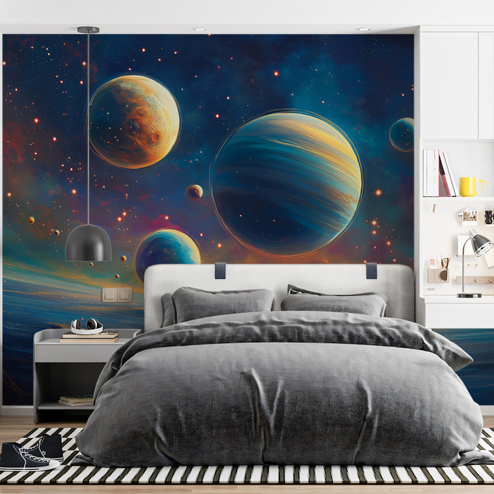 Planetary Alignment Cosmic Mural Wallpaper | Vibrant Space Panorama, Cool and Warm Hues, Artistic Sci-Fi