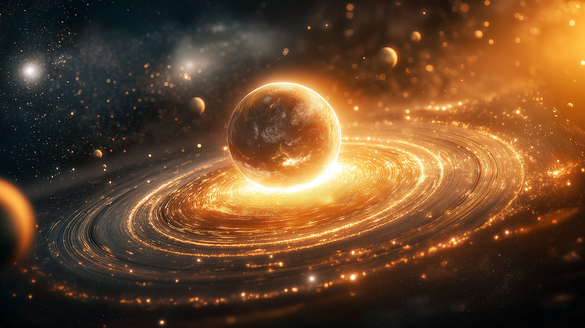 Core Burst Ringed Planet Mural Wallpaper | Intense Gold Glow, Erupting Star System, High Energy