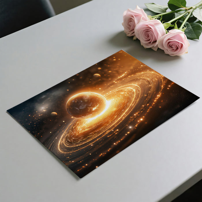 Core Burst Ringed Planet Mural Wallpaper | Intense Gold Glow, Erupting Star System, High Energy